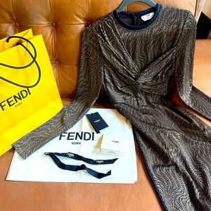 Fendi x Sarah Coleman FF Vertigo Twist Front Long Sleeve Jersey Dress.